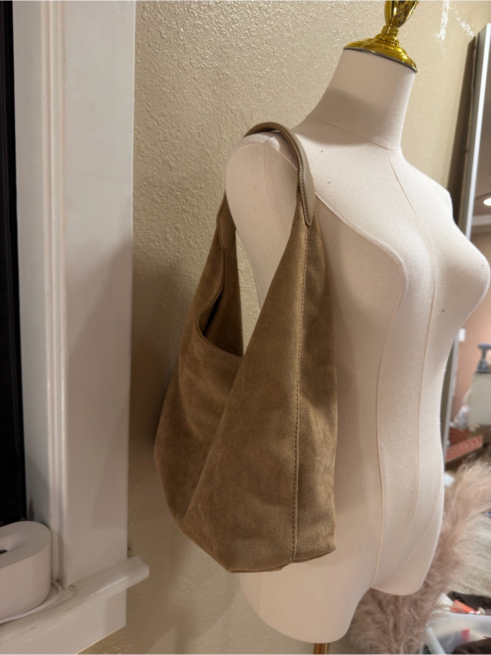 Suede Shoulder Hobo Bag in Tan